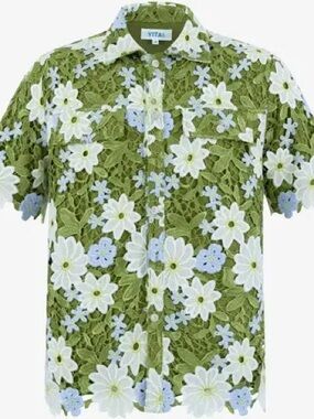 YITAl GUIPURE EMBROIDERY BUTTON-UP Green Floral Shirt Size M